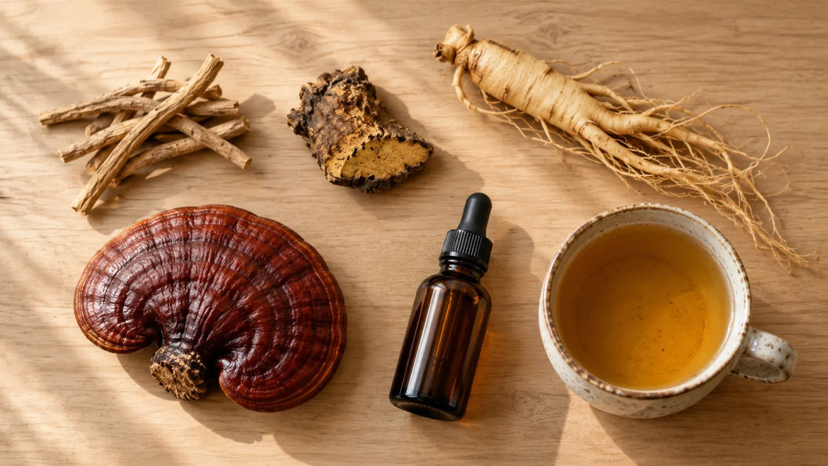 Raíz de ashwagandha, rhodiola, ginseng y un hongo reishi sobre una mesa de madera.