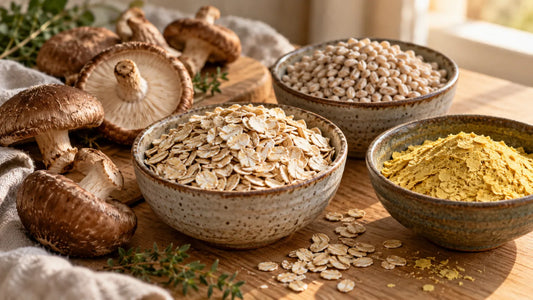 Avena, cebada, hongos shiitake y levadura nutricional, alimentos con betaglucanos.