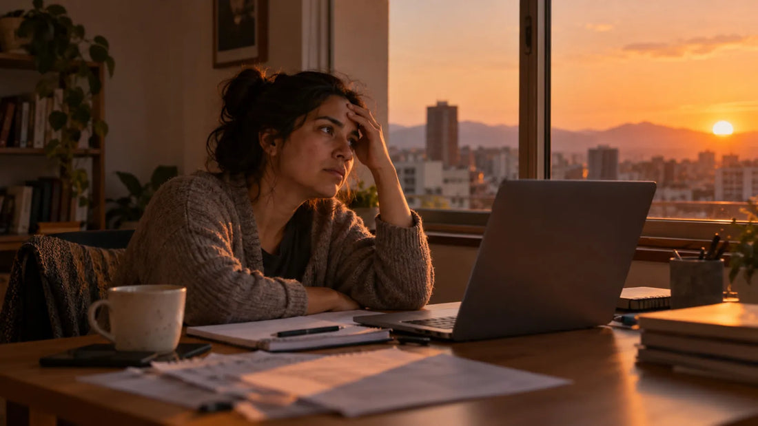 Persona cansada frente a su computador al final de la jornada.