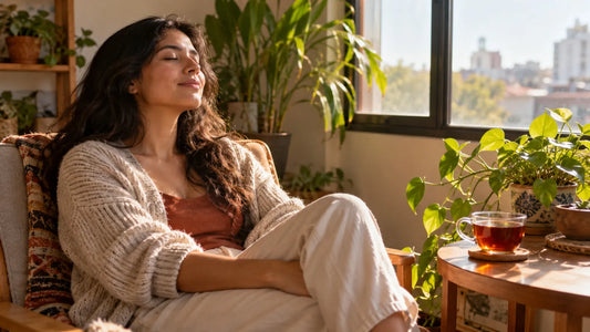 Persona respirando con calma junto a una ventana, con una taza de té negro.