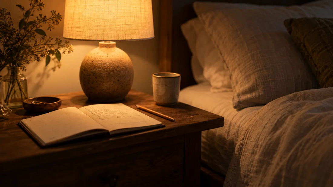 Libreta con una lista de pendientes en el velador junto a la cama, de noche.