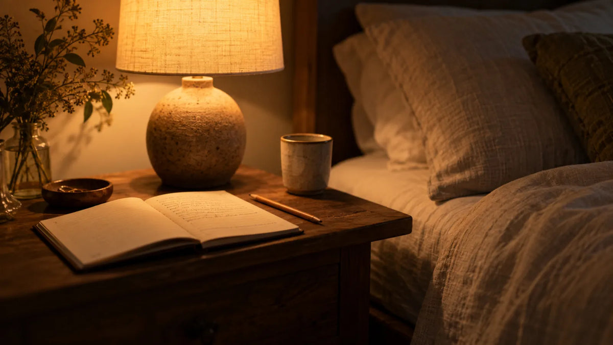 Libreta con una lista de pendientes en el velador junto a la cama, de noche.