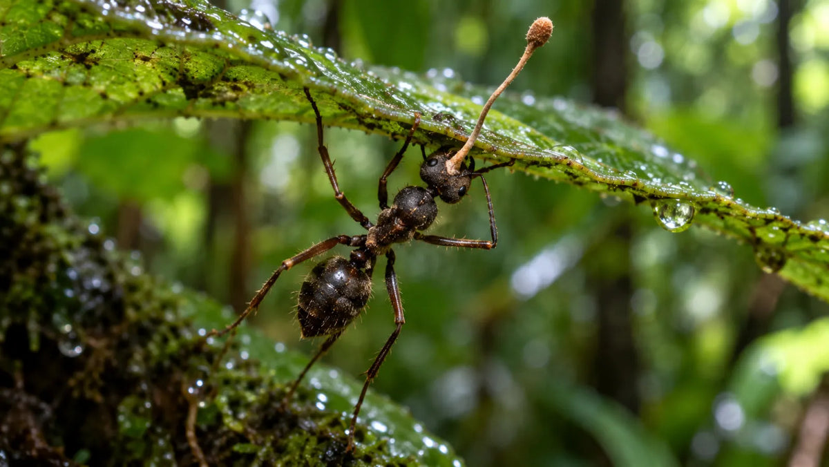 Hormiga infectada por el hongo Ophiocordyceps aferrada a una hoja en un bosque tropical.