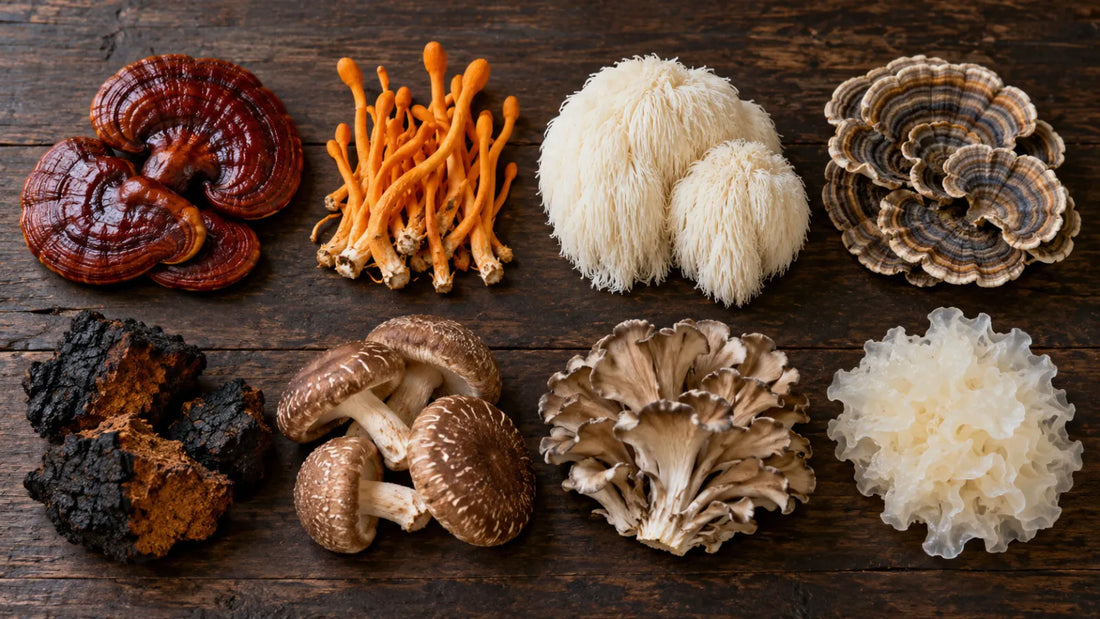 Ocho hongos sobre una mesa: reishi, cordyceps, melena de león, cola de pavo, chaga, shiitake, maitake y tremella.