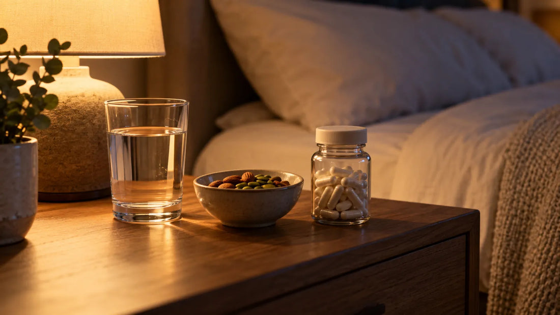 Vaso de agua, almendras y cápsulas en el velador antes de dormir.