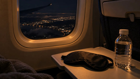 Antifaz para dormir junto a la ventana de un avión, de noche.