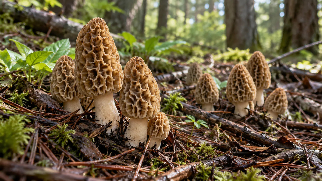 Morchellas creciendo en el suelo de un bosque en primavera.