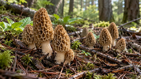Morchellas creciendo en el suelo de un bosque en primavera.