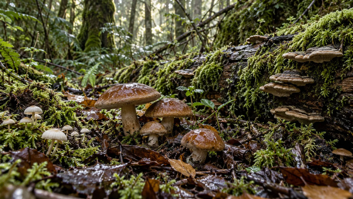 Hongos silvestres de distintas formas en el suelo de un bosque nativo.