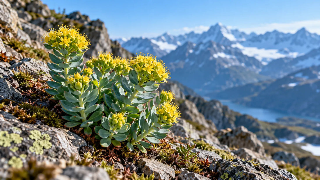 Planta de rhodiola rosea con flores amarillas entre rocas de montaña.