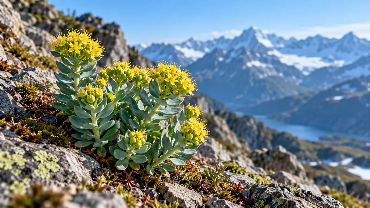 Planta de rhodiola rosea con flores amarillas entre rocas de montaña.