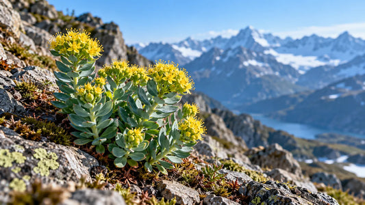 Planta de rhodiola rosea con flores amarillas entre rocas de montaña.