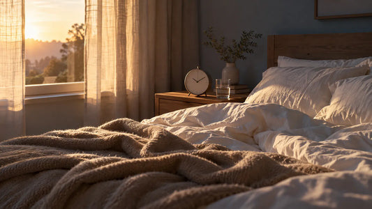Dormitorio al amanecer con la luz de la ventana sobre la cama y un reloj despertador en el velador.