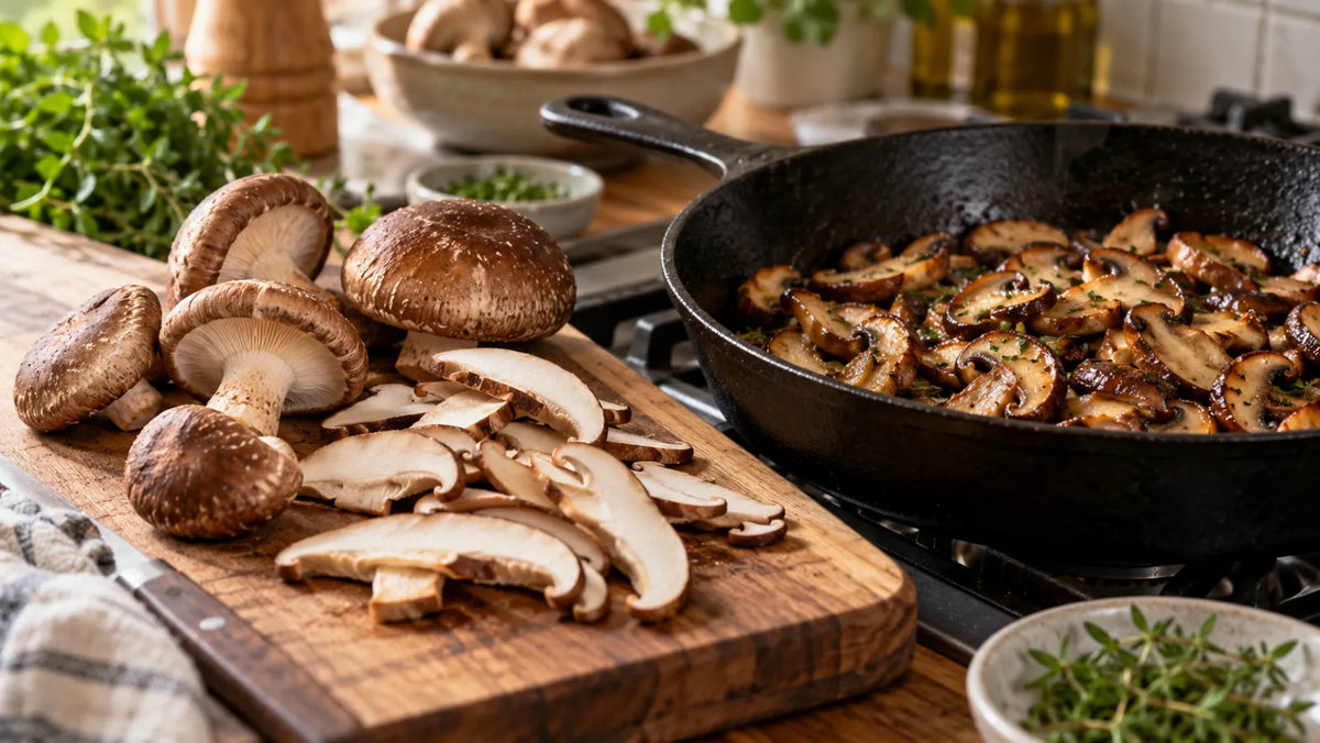 Hongos shiitake frescos y salteados sobre una tabla de cocina.