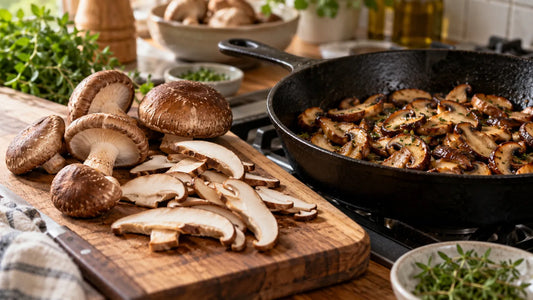 Hongos shiitake frescos y salteados sobre una tabla de cocina.