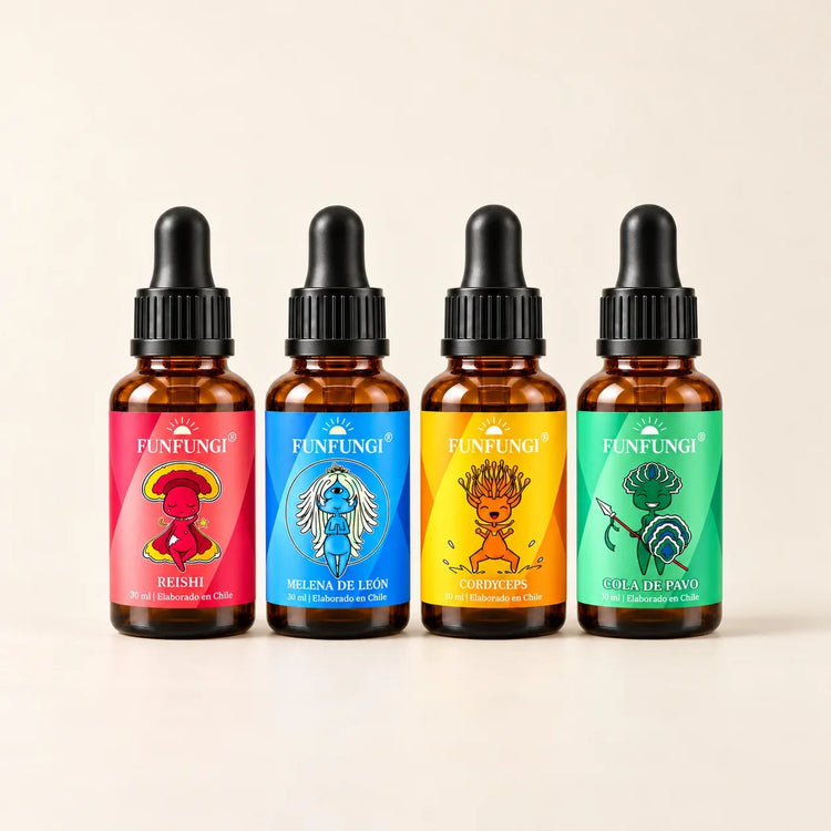 Los cuatro extractos FunFungi: Reishi, Melena de León, Cordyceps y Cola de Pavo, frascos de 30 ml