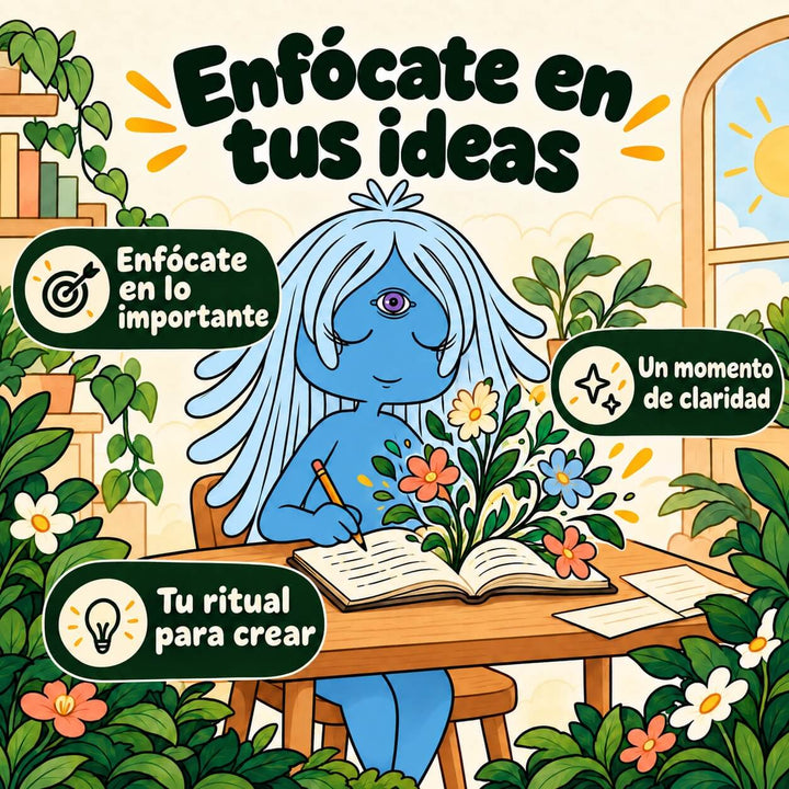 Personaje de Melena de León FunFungi escribiendo en un cuaderno del que brotan flores: "Enfócate en tus ideas", enfócate en lo importante, un momento de claridad y tu ritual para crear.