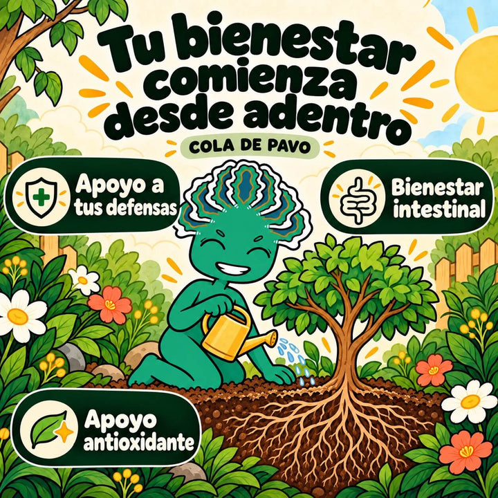 Personaje de Cola de Pavo FunFungi regando un árbol con sus raíces visibles: "Tu bienestar comienza desde adentro", apoyo a tus defensas, bienestar intestinal y apoyo antioxidante.