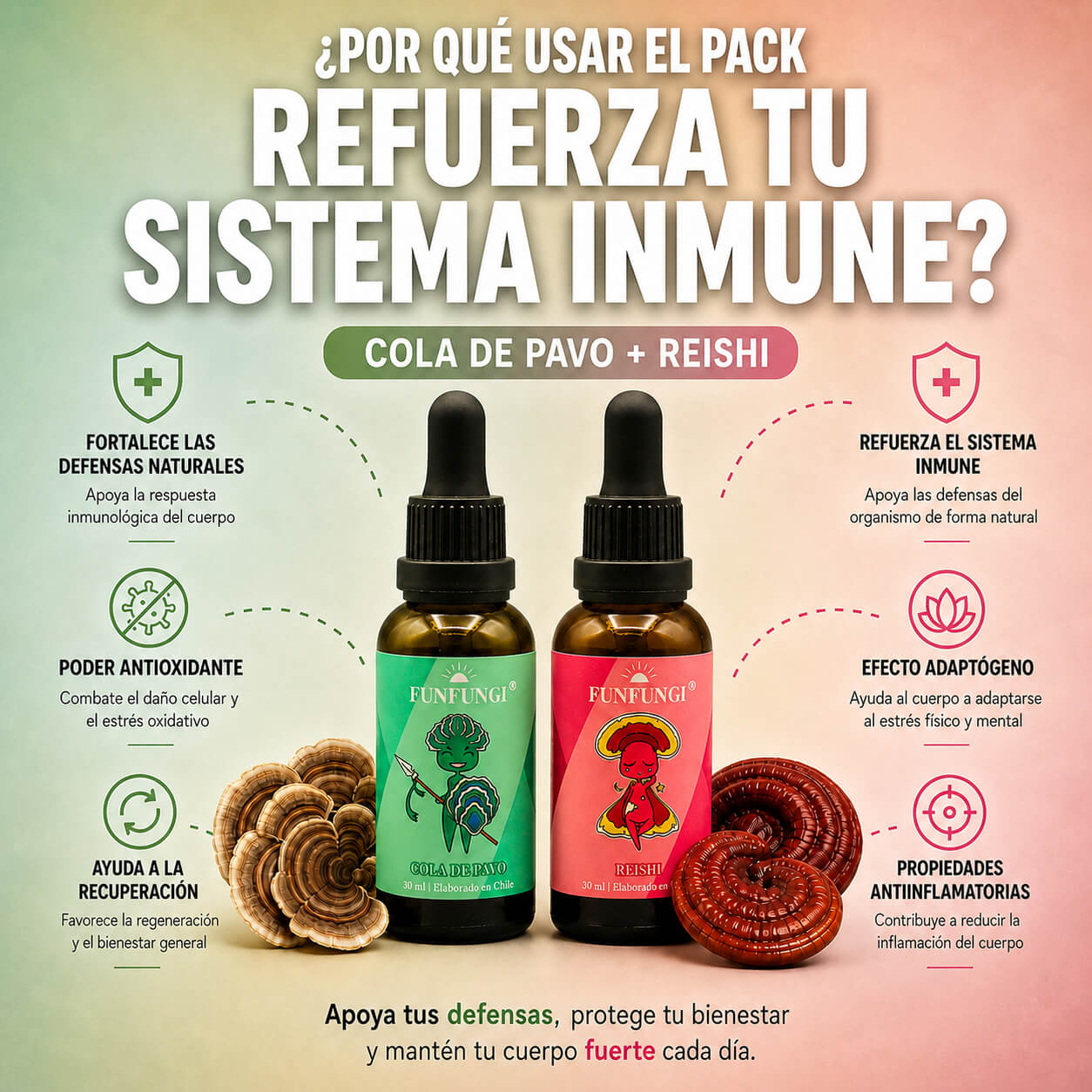 Pack Cola de Pavo y Reishi FunFungi en gotas: refuerza el sistema inmune, defensas naturales, antioxidante y antiinflamatorio.
