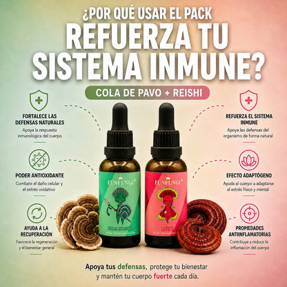 Pack Cola de Pavo y Reishi FunFungi en gotas: refuerza el sistema inmune, defensas naturales, antioxidante y antiinflamatorio.