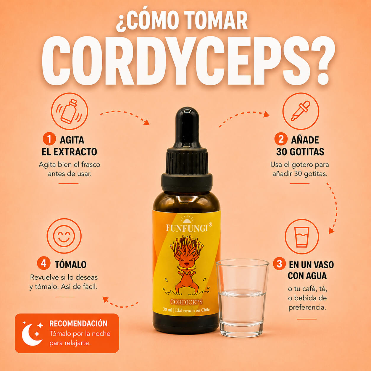 Cómo tomar el Cordyceps FunFungi en gotas: agita el frasco y añade 30 gotas en un vaso con agua o tu bebida preferida.