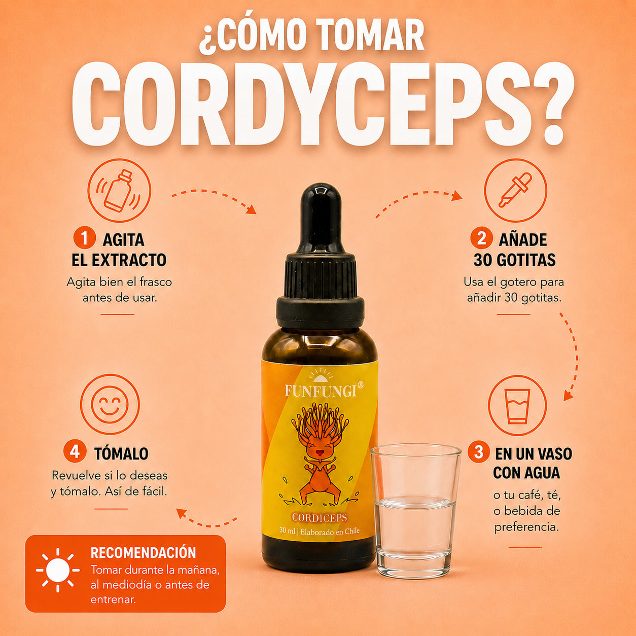 Cómo tomar el Cordyceps FunFungi en gotas: agita el frasco y añade 30 gotas en un vaso con agua o tu bebida preferida.