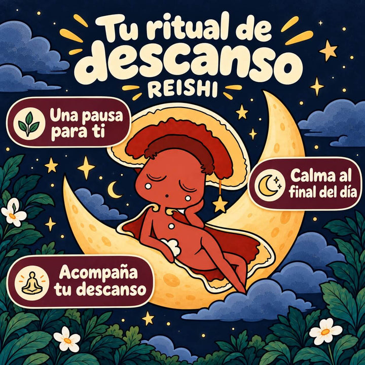 Personaje de Reishi FunFungi descansando sobre una luna creciente de noche: "Tu ritual de descanso", una pausa para ti, calma al final del día y acompaña tu descanso.