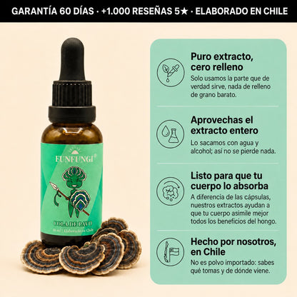 Extracto de Cola de Pavo FunFungi 30 ml: puro extracto sin relleno, elaborado en Chile, con garantía de 60 días y más de 1.000 reseñas 5 estrellas.