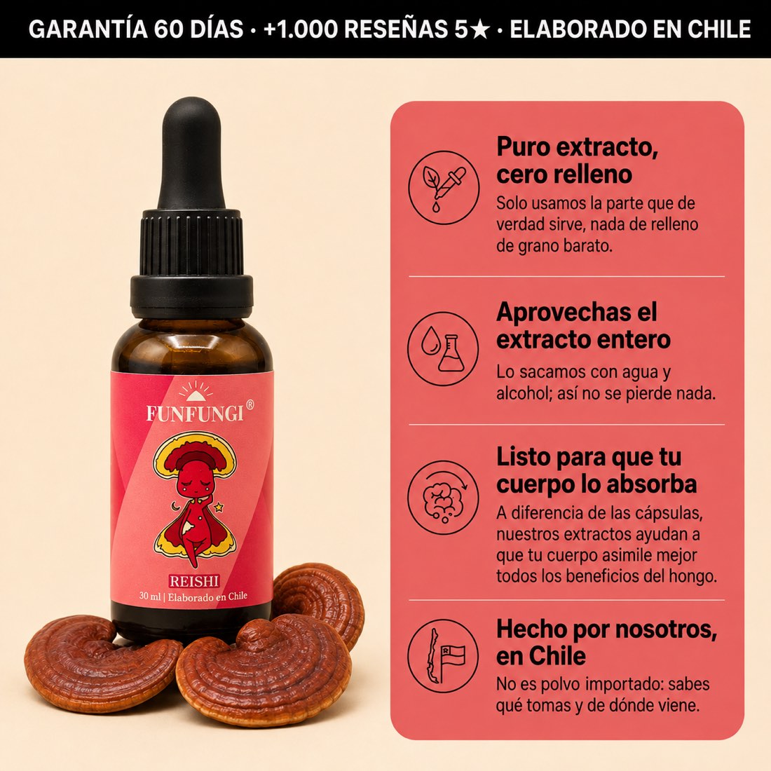 Extracto de Reishi FunFungi 30 ml: puro extracto sin relleno, elaborado en Chile, con garantía de 60 días y más de 1.000 reseñas 5 estrellas.