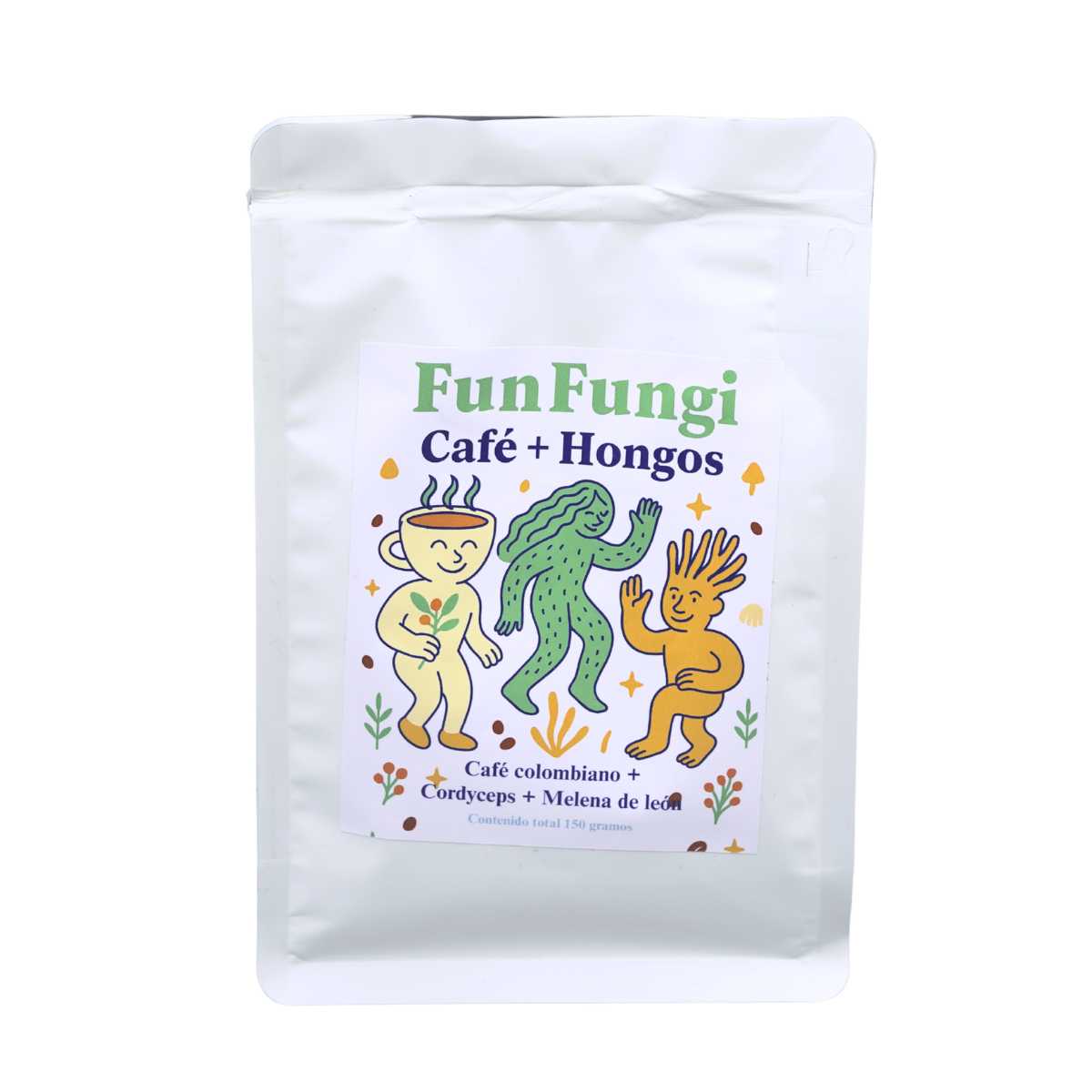 FunCoffee FunFungi, café de grano molido con Cordyceps y Melena de León, bolsa blanca 150g, café colombiano con hongos adaptógenos.