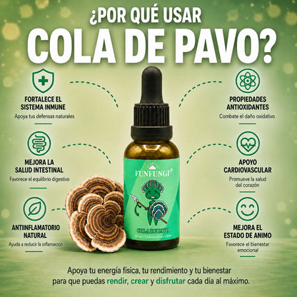 Beneficios de la Cola de Pavo FunFungi en gotas: sistema inmune, salud intestinal, antioxidante, cardiovascular y ánimo.