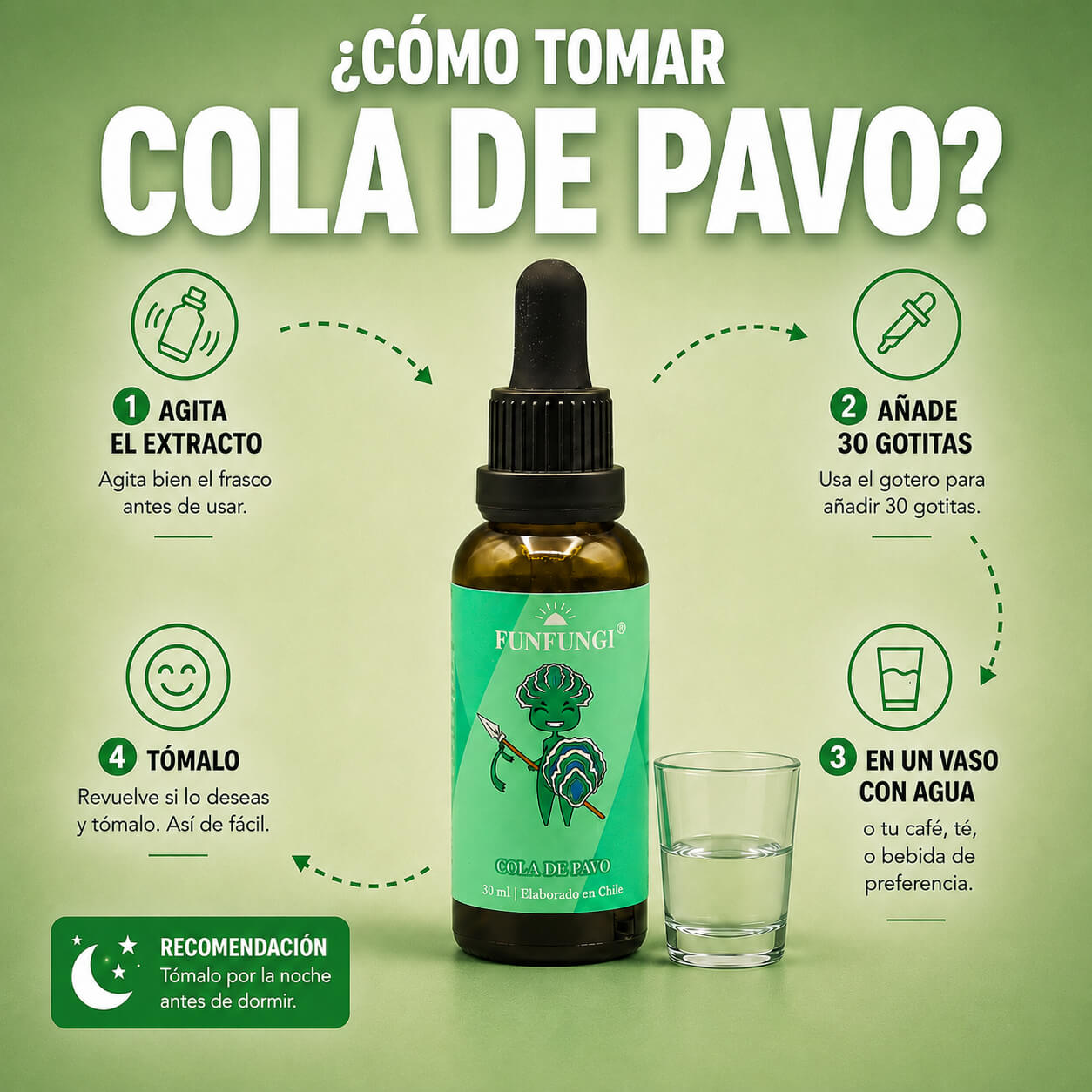 Cómo tomar la Cola de Pavo FunFungi en gotas: agita el frasco y añade 30 gotas en un vaso con agua o tu bebida preferida.