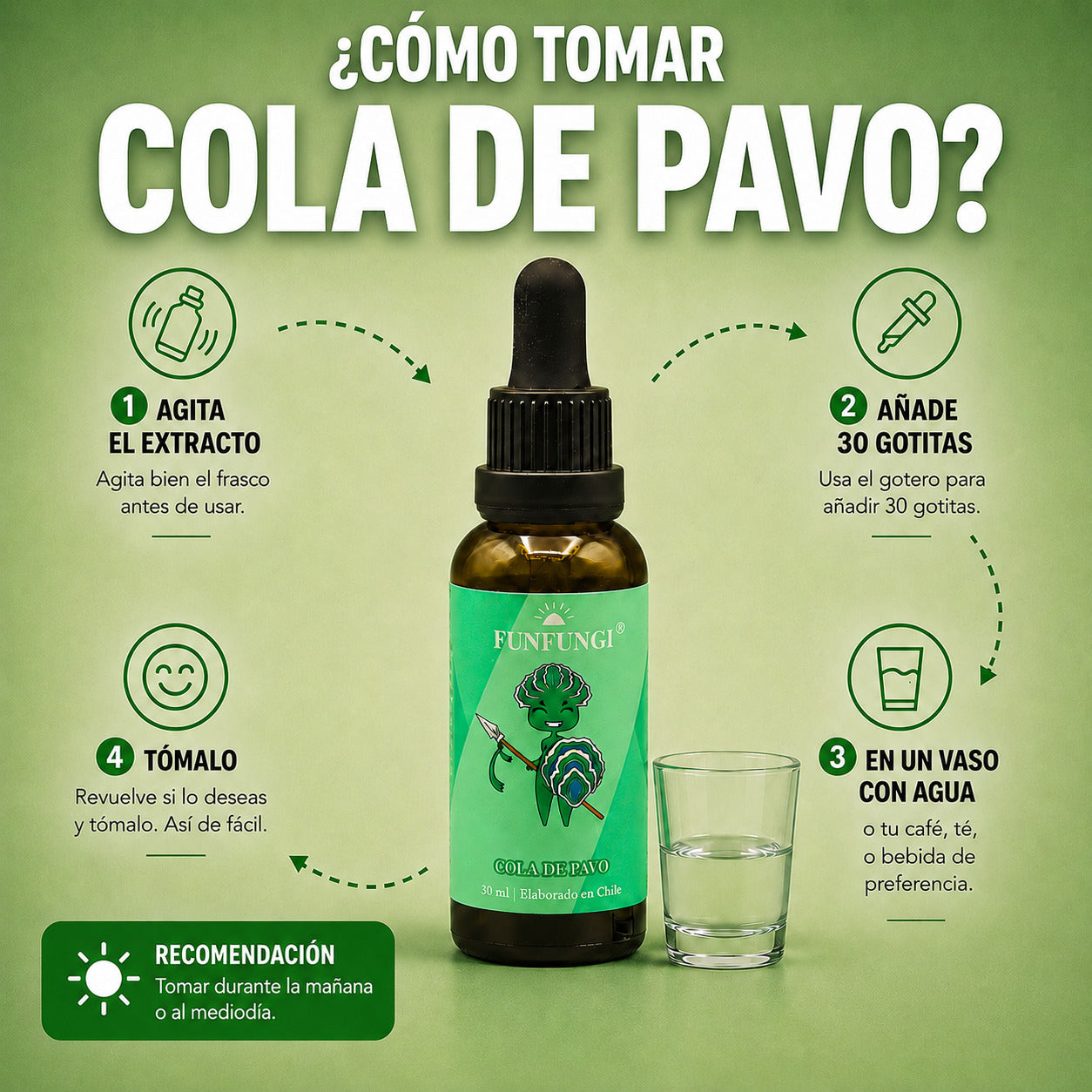Cómo tomar la Cola de Pavo FunFungi en gotas: agita el frasco y añade 30 gotas en un vaso con agua o tu bebida preferida.