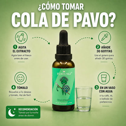 Cómo tomar la Cola de Pavo FunFungi en gotas: agita el frasco y añade 30 gotas en un vaso con agua o tu bebida preferida.