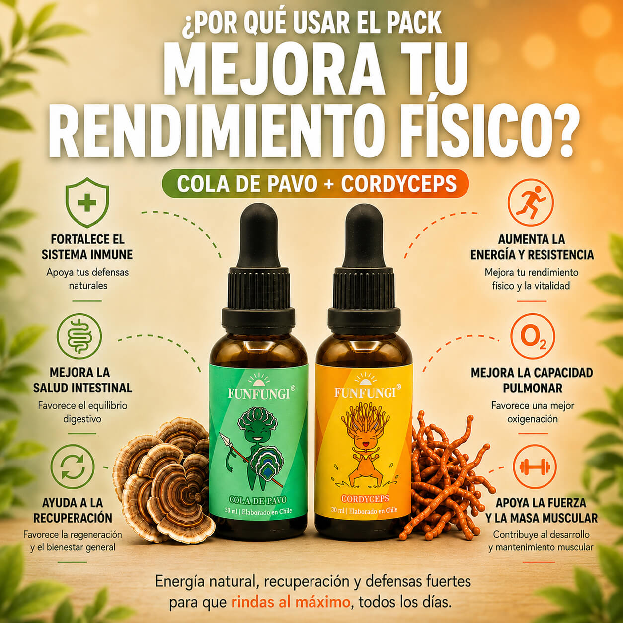 Pack Cola de Pavo y Cordyceps FunFungi en gotas: beneficios para rendimiento físico, energía, sistema inmune y recuperación muscular.
