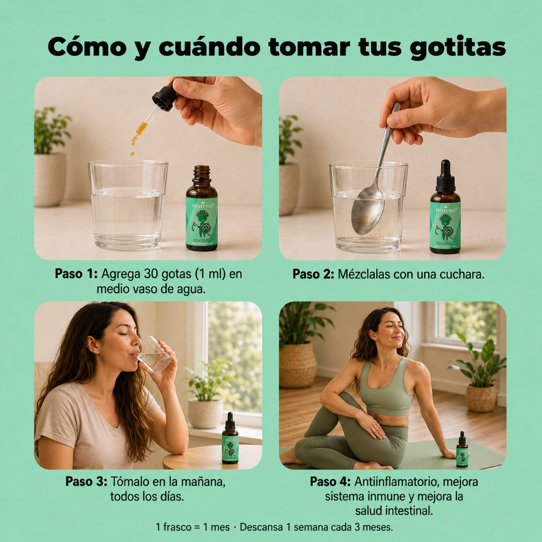 Cómo tomar el extracto de Cola de Pavo FunFungi: agrega 30 gotas en agua y tómalo en la mañana para fortalecer tu sistema inmune y tu salud intestinal.
