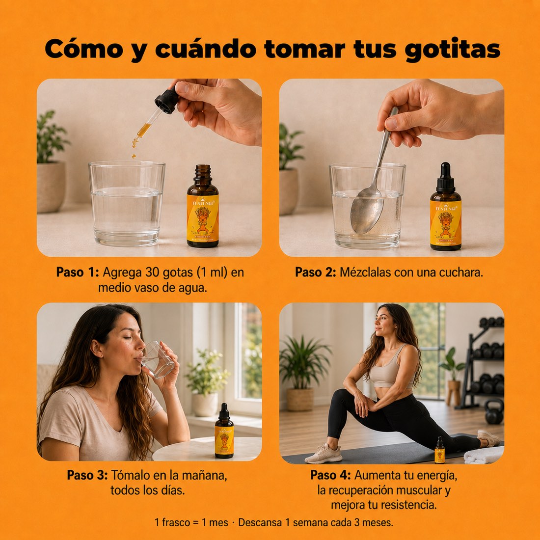 Cómo tomar el extracto de Cordyceps FunFungi: agrega 30 gotas en agua y tómalo en la mañana para aumentar tu energía y recuperación muscular.