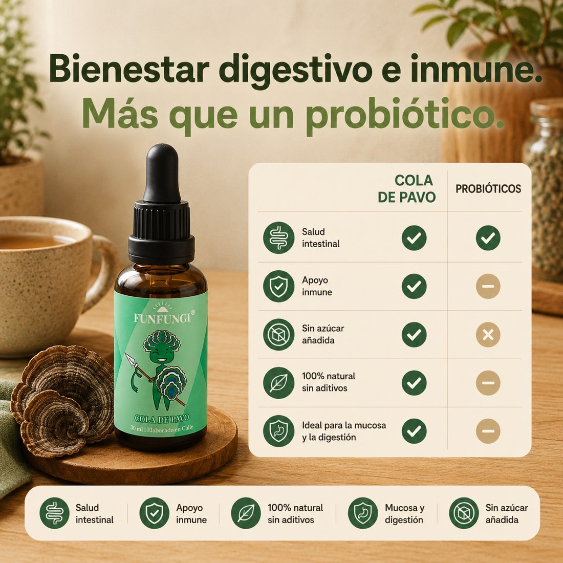Comparativa Cola de Pavo FunFungi vs probióticos: apoya la salud intestinal y el sistema inmune, 100% natural, sin azúcar añadida ni aditivos.
