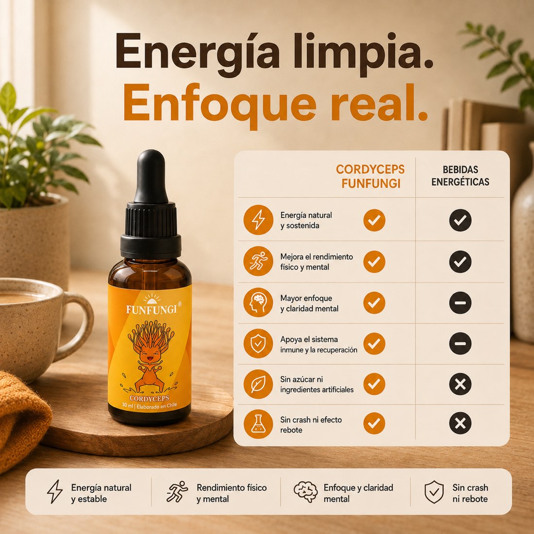 Comparativa Cordyceps FunFungi vs bebidas energéticas: energía natural y sostenida, mayor enfoque mental, apoya el sistema inmune, sin azúcar ni crash.