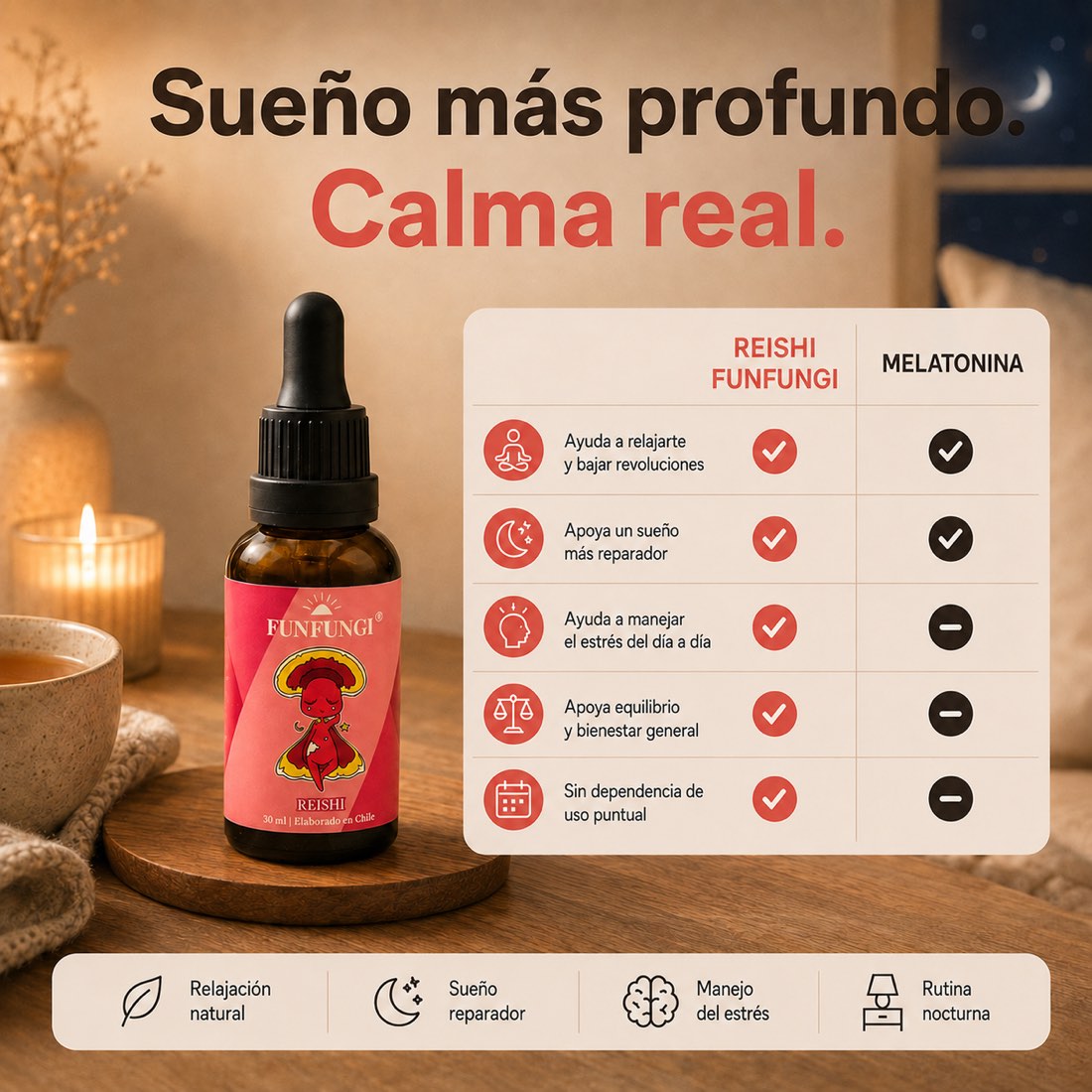 Comparativa Reishi FunFungi vs melatonina: ayuda a relajarte, apoya un sueño reparador, maneja el estrés diario y no genera dependencia de uso puntual.