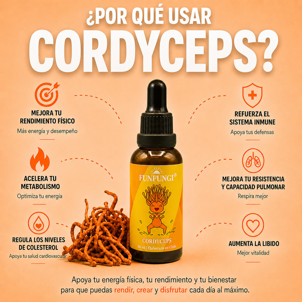 Beneficios del Cordyceps FunFungi en gotas: rendimiento físico, energía, metabolismo, capacidad pulmonar, libido y defensas.