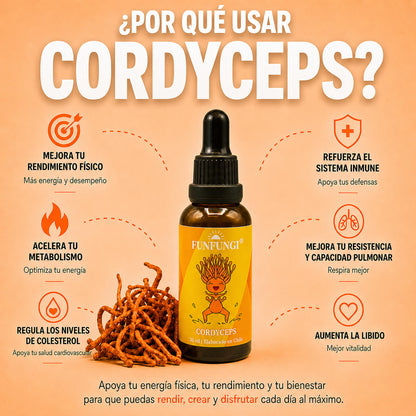 Beneficios del Cordyceps FunFungi en gotas: rendimiento físico, energía, metabolismo, capacidad pulmonar, libido y defensas.