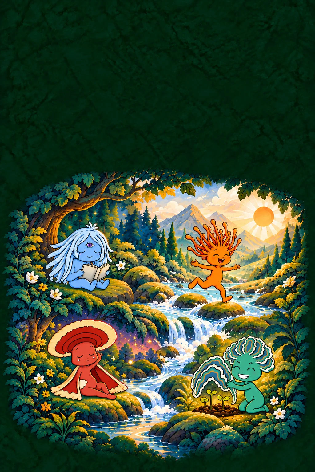 Personajes de FunFungi junto a un río: melena de león leyendo, cordyceps saltando entre rocas, reishi descansando y cola de pavo protegiendo brotes.