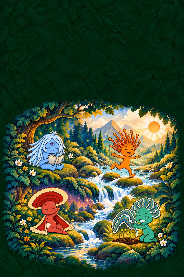 Personajes de FunFungi junto a un río: melena de león leyendo, cordyceps saltando entre rocas, reishi descansando y cola de pavo protegiendo brotes.