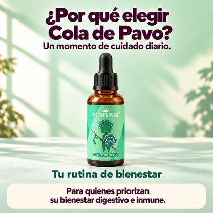 Por qué elegir Cola de Pavo FunFungi: frasco ámbar de 30 ml sobre fondo verde y propuesta de cuidado diario.