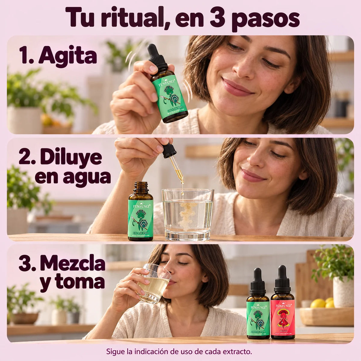 Cómo usar los extractos FunFungi: agitar Cola de Pavo, diluir la porción en agua, mezclar y tomar. Sigue la indicación de cada extracto.