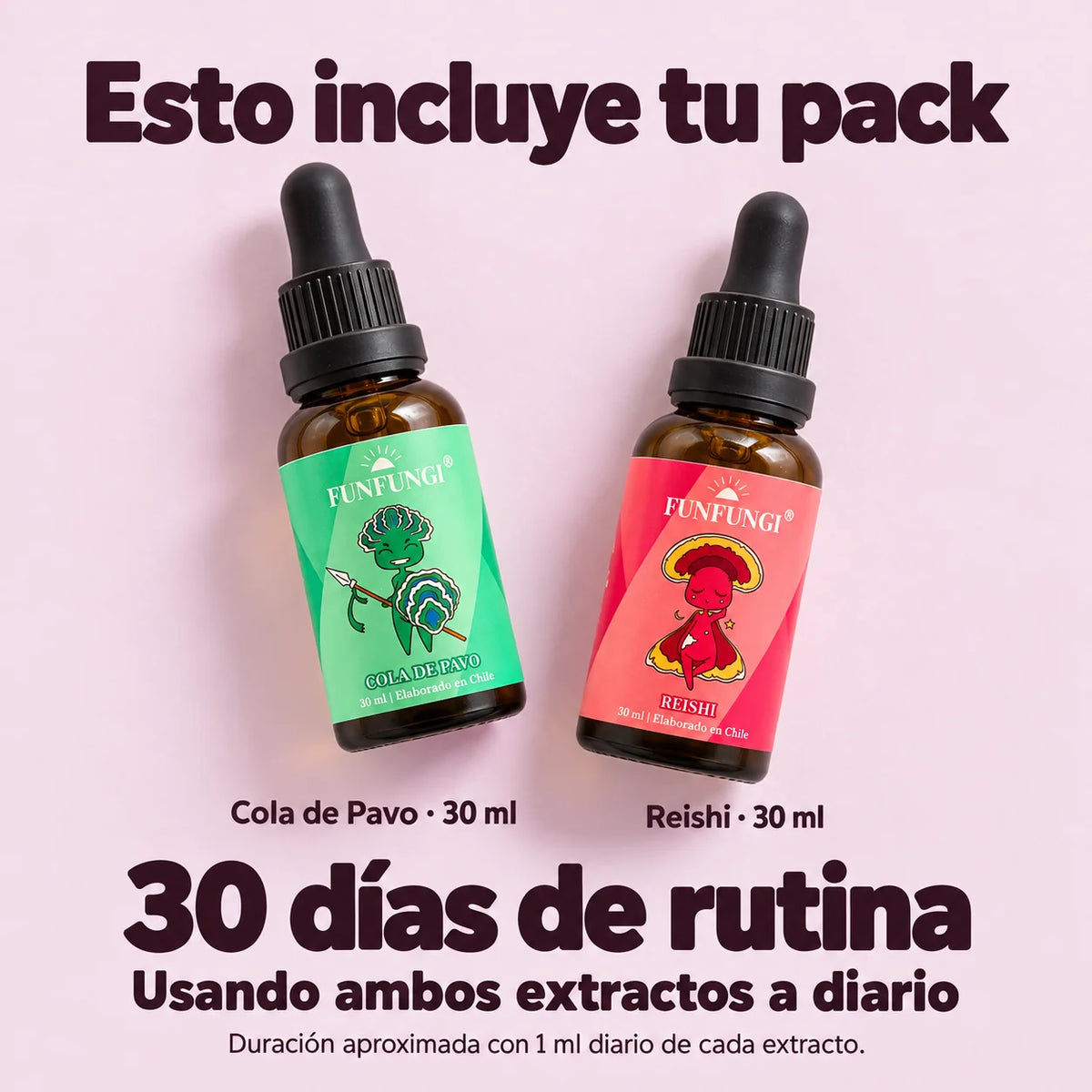 El pack incluye Cola de Pavo y Reishi de 30 ml cada uno. Duración aproximada de 30 días usando 1 ml diario de cada extracto.