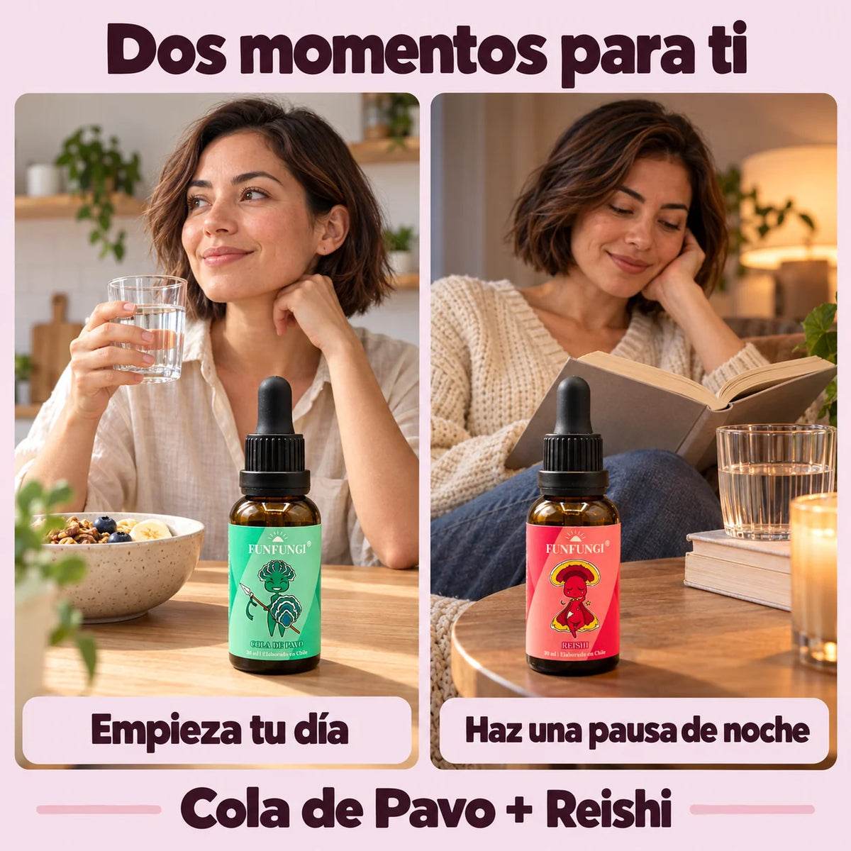 Cola de Pavo FunFungi junto al desayuno y Reishi junto a una mujer que lee un libro por la noche.