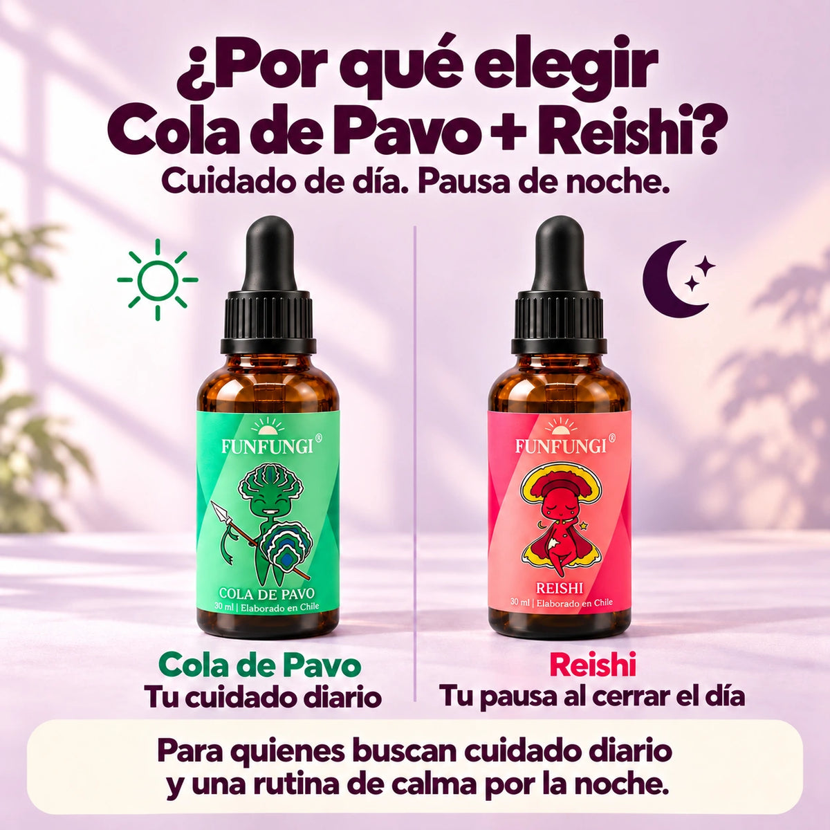Por qué elegir el pack Cola de Pavo y Reishi FunFungi: dos frascos de 30 ml sobre fondo rosa, presentados como cuidado durante el día y una pausa de noche.