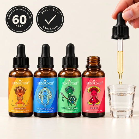 Pack FunFungi de Melena de León, Cordyceps, Cola de Pavo y Reishi, en frascos de 30 ml, junto a un vaso de agua y una pipeta con extracto, con sellos de garantía de 60 días y resolución sanitaria.